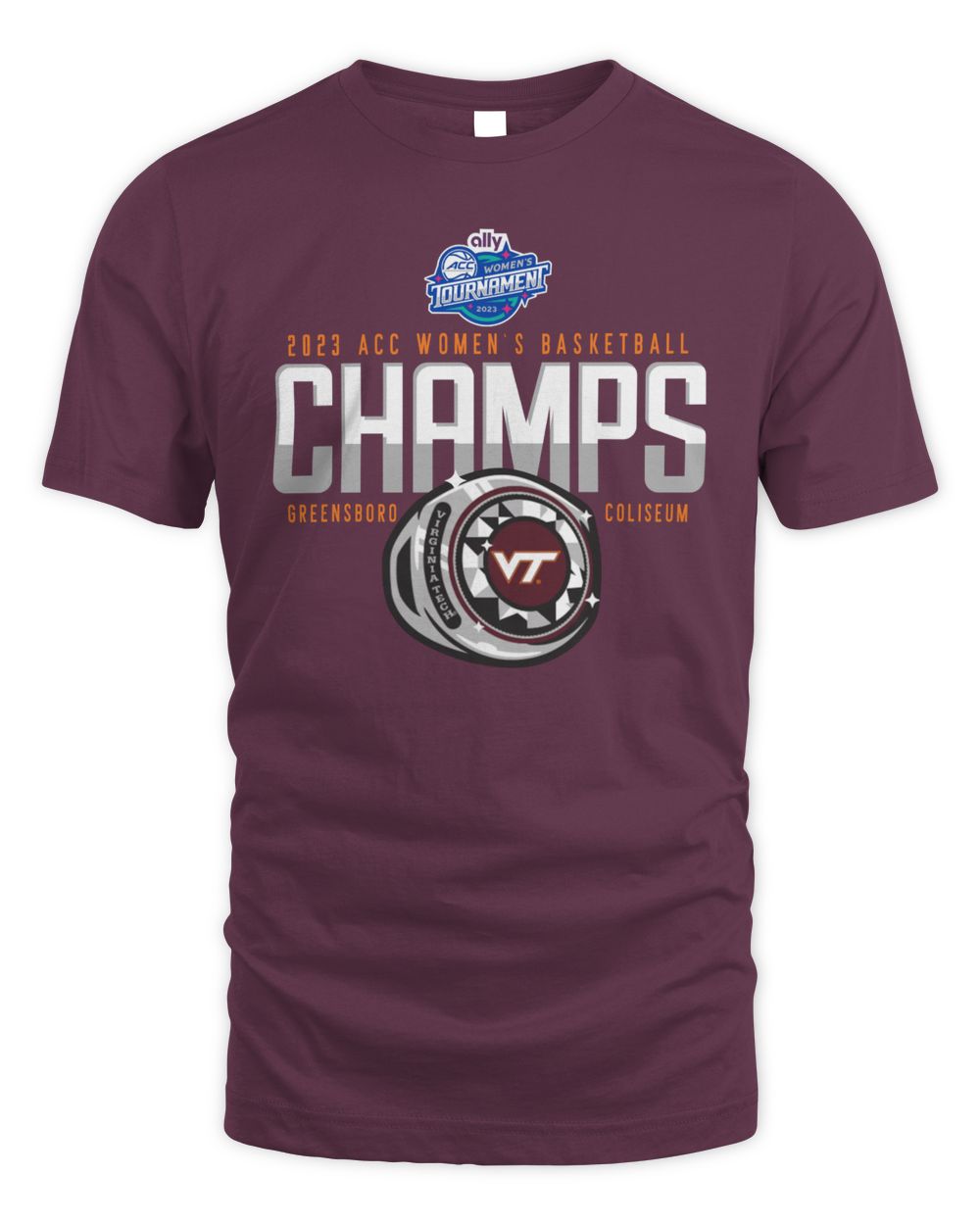 Blue 84 Virginia Tech Hokies 2023 ACC Women's Basketball Conference Tournament Champions Locker Room T-Shirt Unisex Standard T-Shirt maroon s